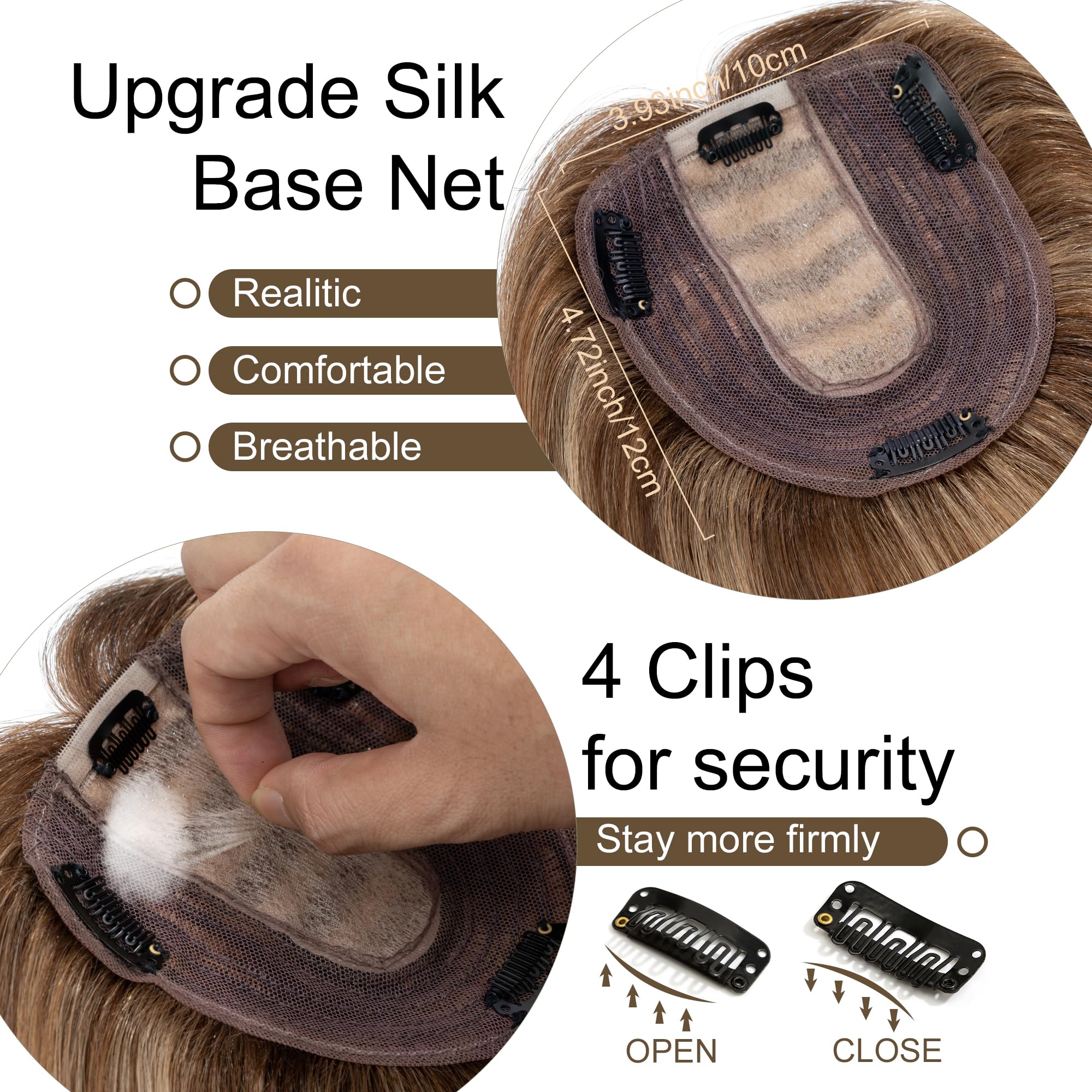SEGO 130% Density Human Hair Toppers for Women - No Bangs, 10x12cm Silk Base, 100% Remy Clip-in Top Wiglet for Thinning Hair - 14 Inch Medium Brown & Dark Blonde - Perfect for Daily Wear, Parties & Hair Loss Solutions