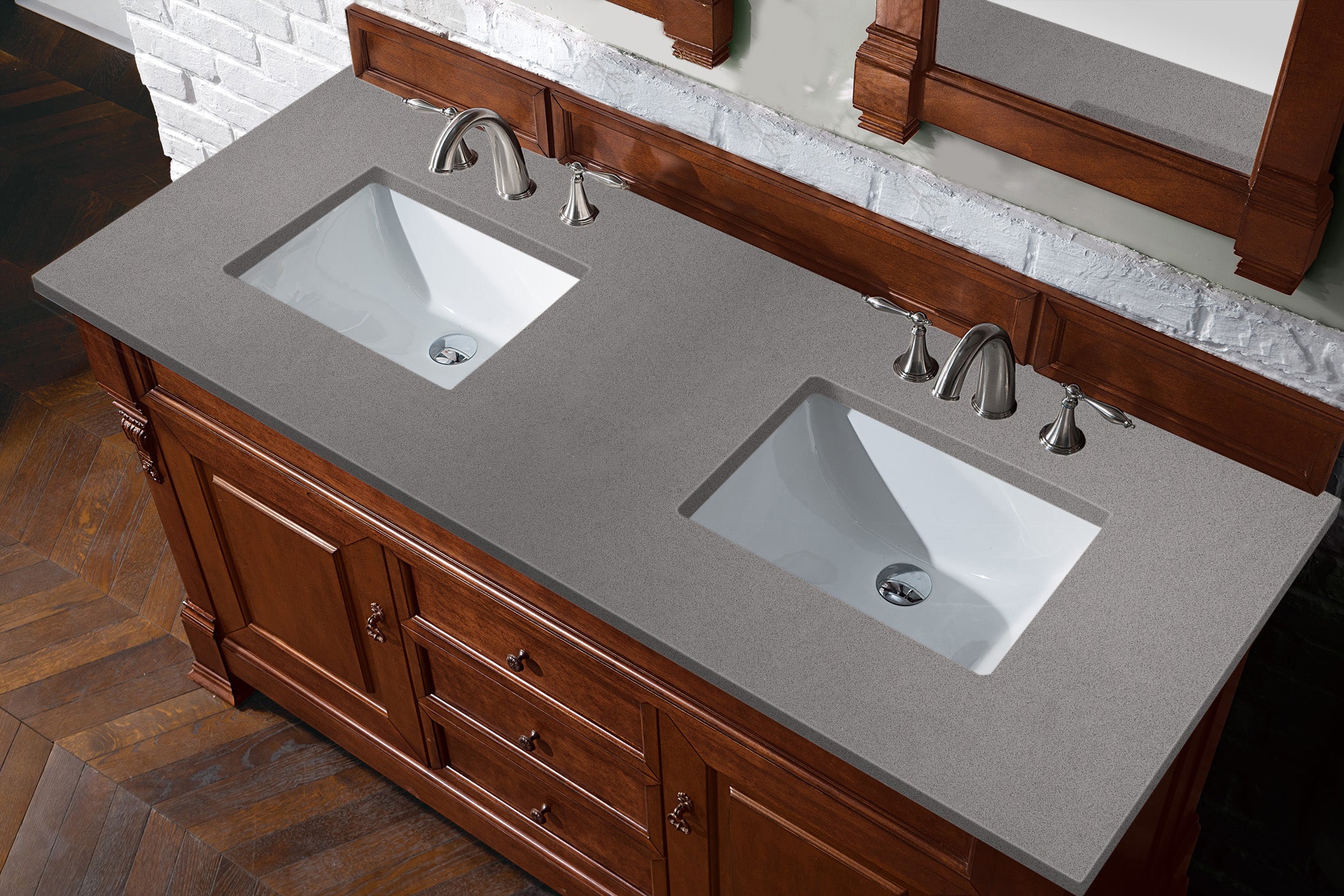 Brookfield 60-Inch Double Vanity with Warm Cherry Finish & 3CM Grey Expo Quartz Top - Perfect for Master Bathroom & Modern Home Renovation