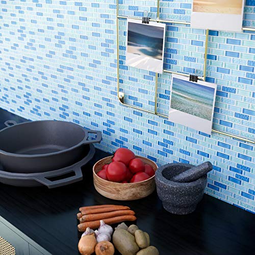Mini Brick Mix Blue Glass Mosaic Wall Tile - 10 Sheets/Case - Waterproof Backsplash Tile for Bathroom, Kitchen, Shower, Pool & Spa - DIY Home Decor Mosaic Tiles for Walls & Countertops