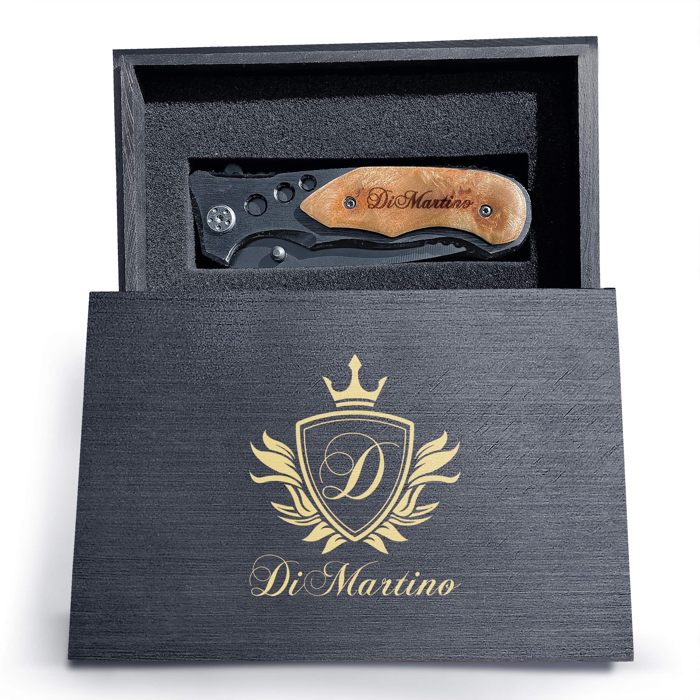 Personalized Engraved Folding Knife with Wooden Box & Clip - Custom Gift for Men, Dad, Husband - Perfect for Camping, Hiking, and Outdoor Adventures