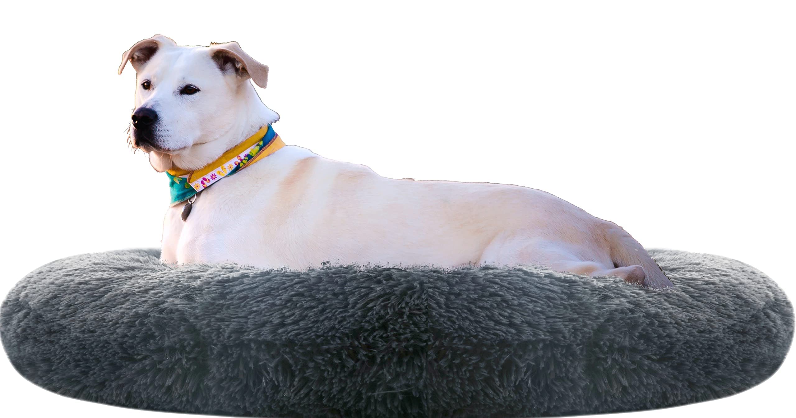 28 Inch Calming Donut Dog Bed - Round Anti-Anxiety Pet Bed with Removable Washable Cover, Soft Faux Fur Cuddler for Small to Medium Dogs - Fluffy Comfy Bed for Anxiety Relief & Cozy Napping (Dark Grey) - Perfect for Crates, Living Rooms & Bedrooms