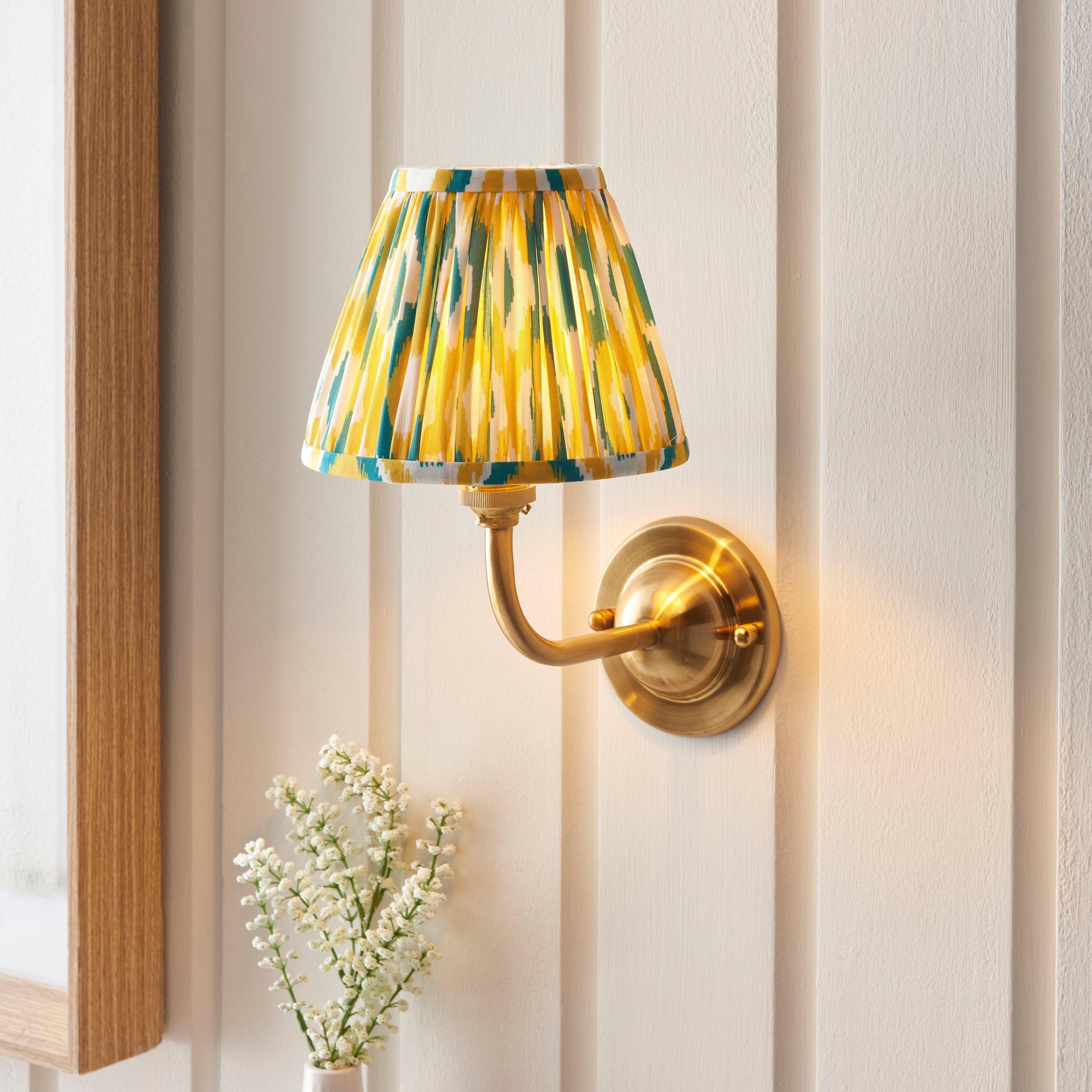 Vintage Dome Arc Brass Wall Light with Ikat 16cm Yellow & Jade Shade - Perfect for Bedroom, Living Room, and Hallway Lighting