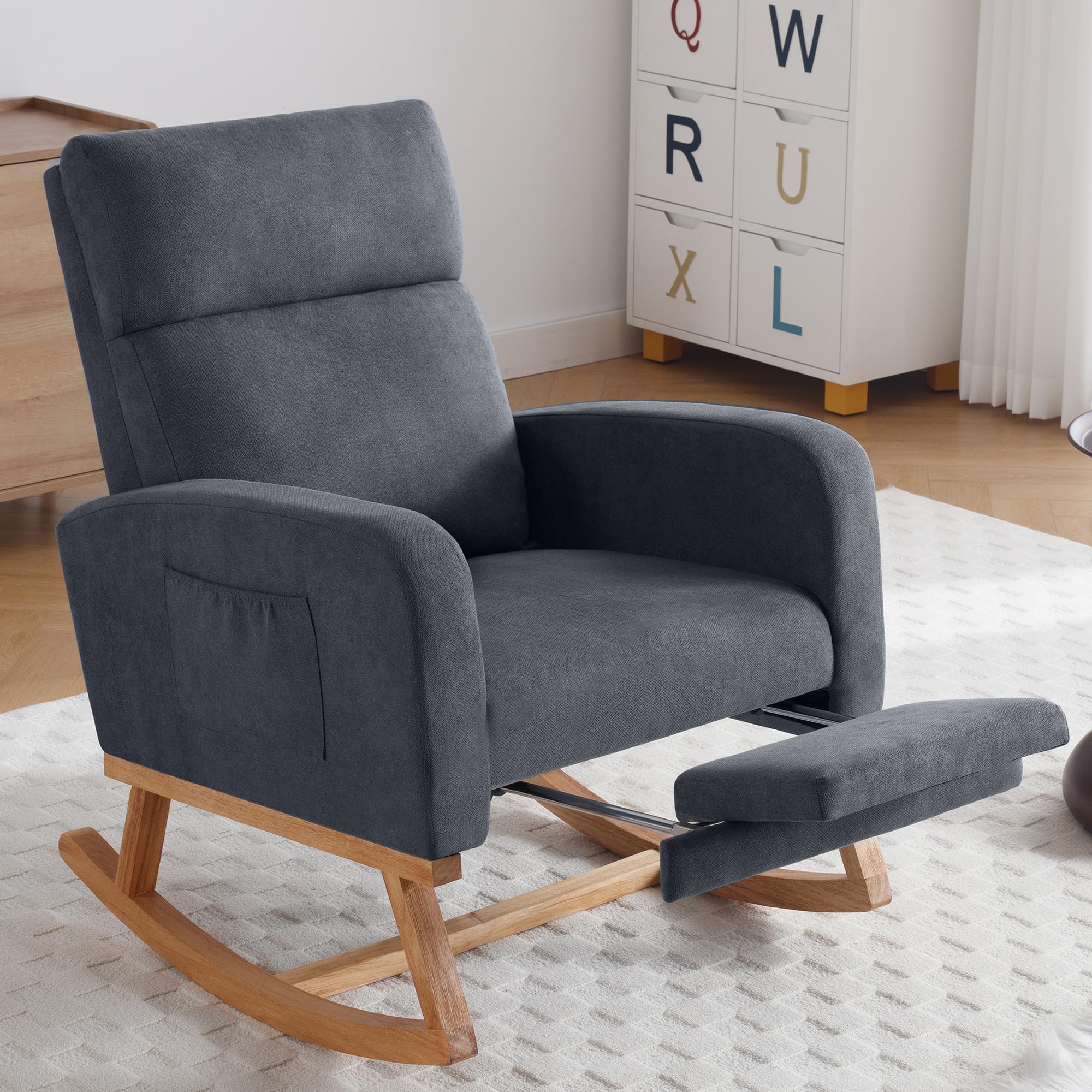 Comfortable Nursery Rocking Chair with Footrest - High Back Glider Rocker for Nursing Moms - Perfect for Living Room & Bedroom - Dark Grey - Ideal for Breastfeeding, Baby Bonding & Relaxation
