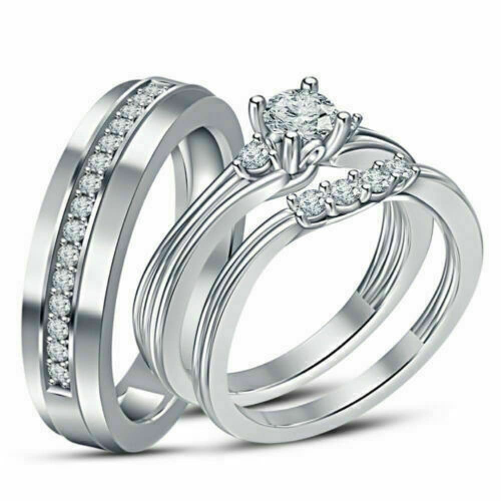 14K White Gold Over Sterling Silver Round Cut White Diamond Engagement Ring Set for Women & Men - Wedding Trio Rings for Couples, Proposal, Anniversary & Special Occasions