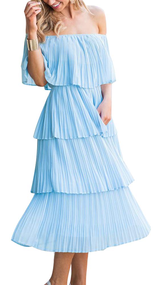 ETCYY Women's Off Shoulder Ruffled Chiffon Maxi Dress for Summer Wedding Guest, Beach Party & Casual Wear - Flowy Loose Fit Long Dress for Special Occasions