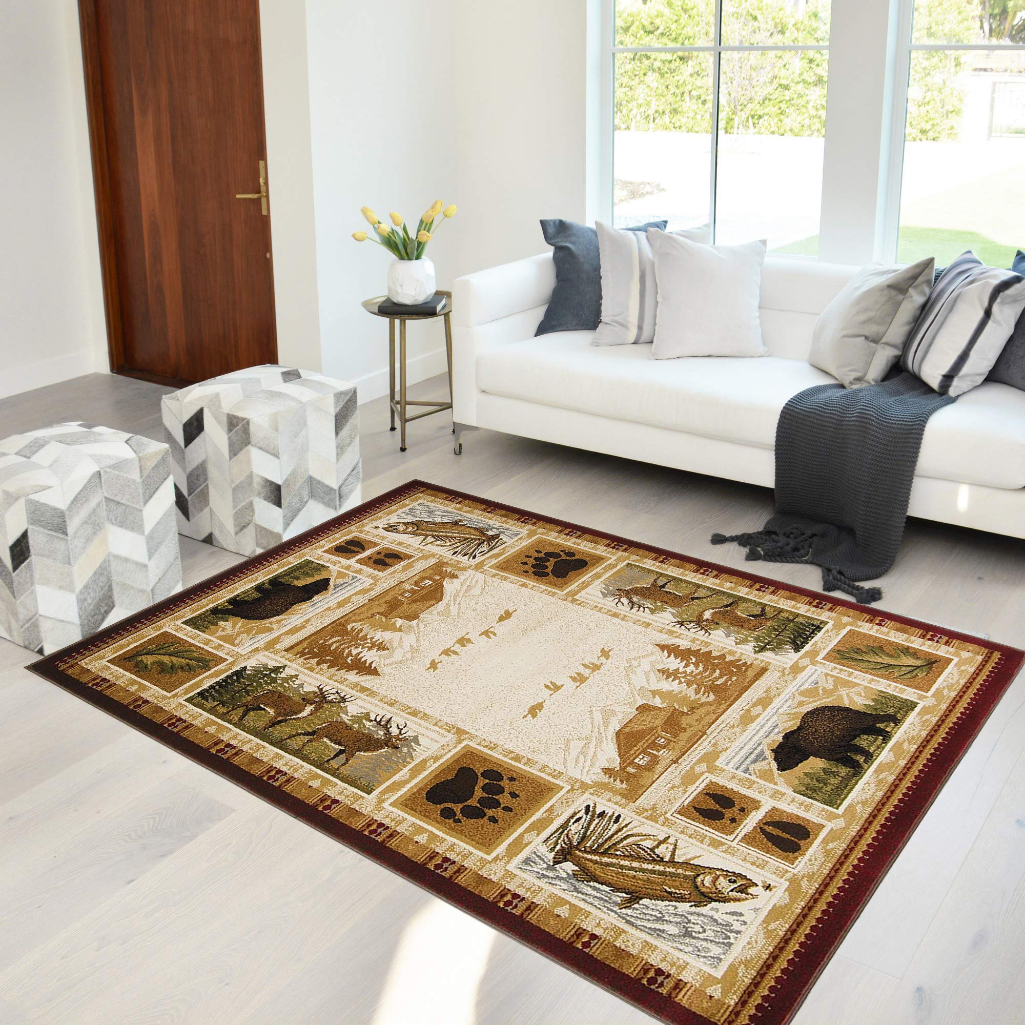 Modern Geometric Abstract Cabin Area Rug with Nature & Animal Designs - Deer, Fish, Bear & Lodge Patterns - Perfect for Rustic Cabins, Hunting Lodges & Cozy Living Rooms