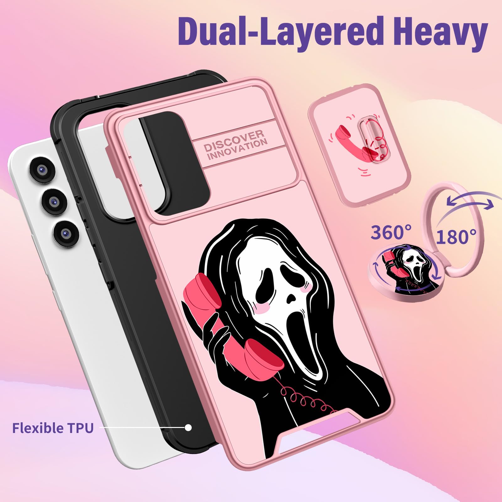 Samsung Galaxy A54 5G Case with Camera Cover & Ring Holder - Cute Girly Cartoon Shockproof Hard Phone Case for Women (6.4