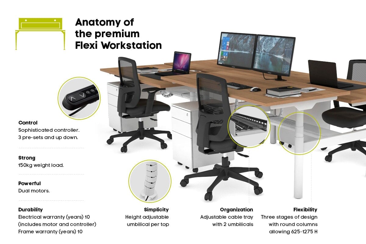 Flexi Premium Height Adjustable 4-Person H Bench Workstation - White Frame [1400L x 700W] - Ergonomic Office Desk for Collaborative Workspaces & Coworking Environments