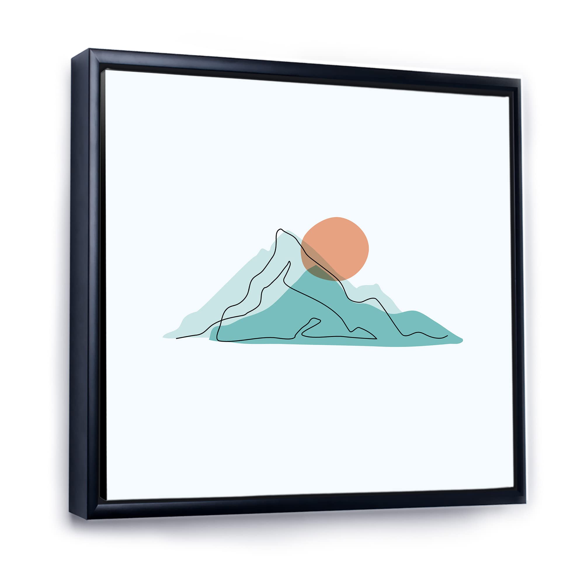 DesignQ Red Moon Over Abstract Blue Mountains II - Modern Framed Canvas Wall Art Print for Living Room, Bedroom & Office Decor