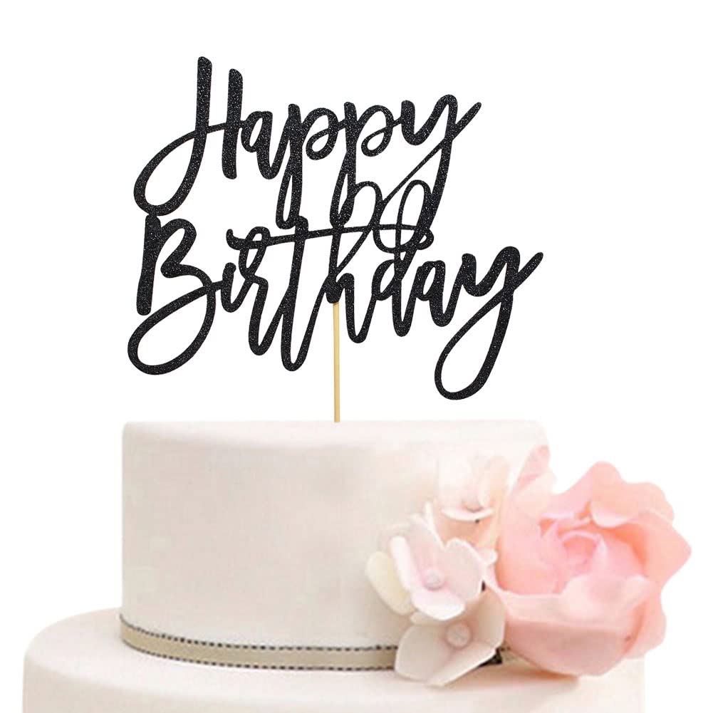 Happy Birthday Cake Topper - Black Glitter Party Decorations for Birthday Cakes, Cupcakes & Desserts | Perfect for Birthday Parties, Baby Showers & Special Celebrations