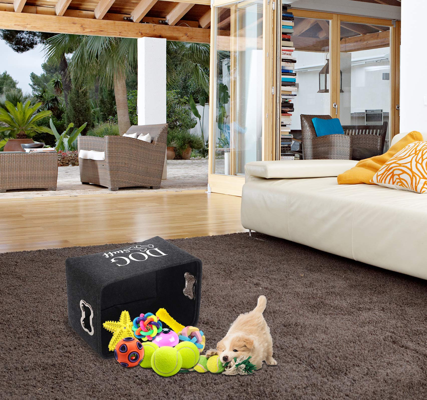 Durable Felt Pet Toy Storage Basket with Metal Bone-Shaped Handle - Large Dog Toy Organizer for Toys, Blankets, Leashes - Perfect for Living Room, Bedroom & Pet Play Area (Dark Grey)