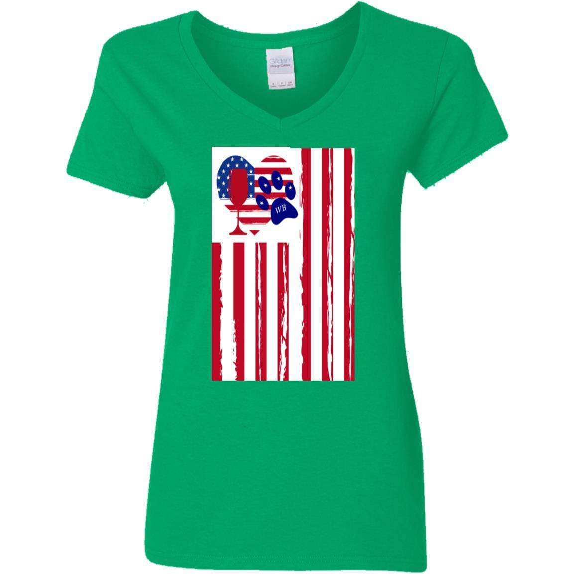 American Flag Wine Paw Heart V-Neck T-Shirt for Women - 5.3 oz Soft Cotton Ladies Tee - Perfect for 4th of July, Patriotic Events & Wine Lovers