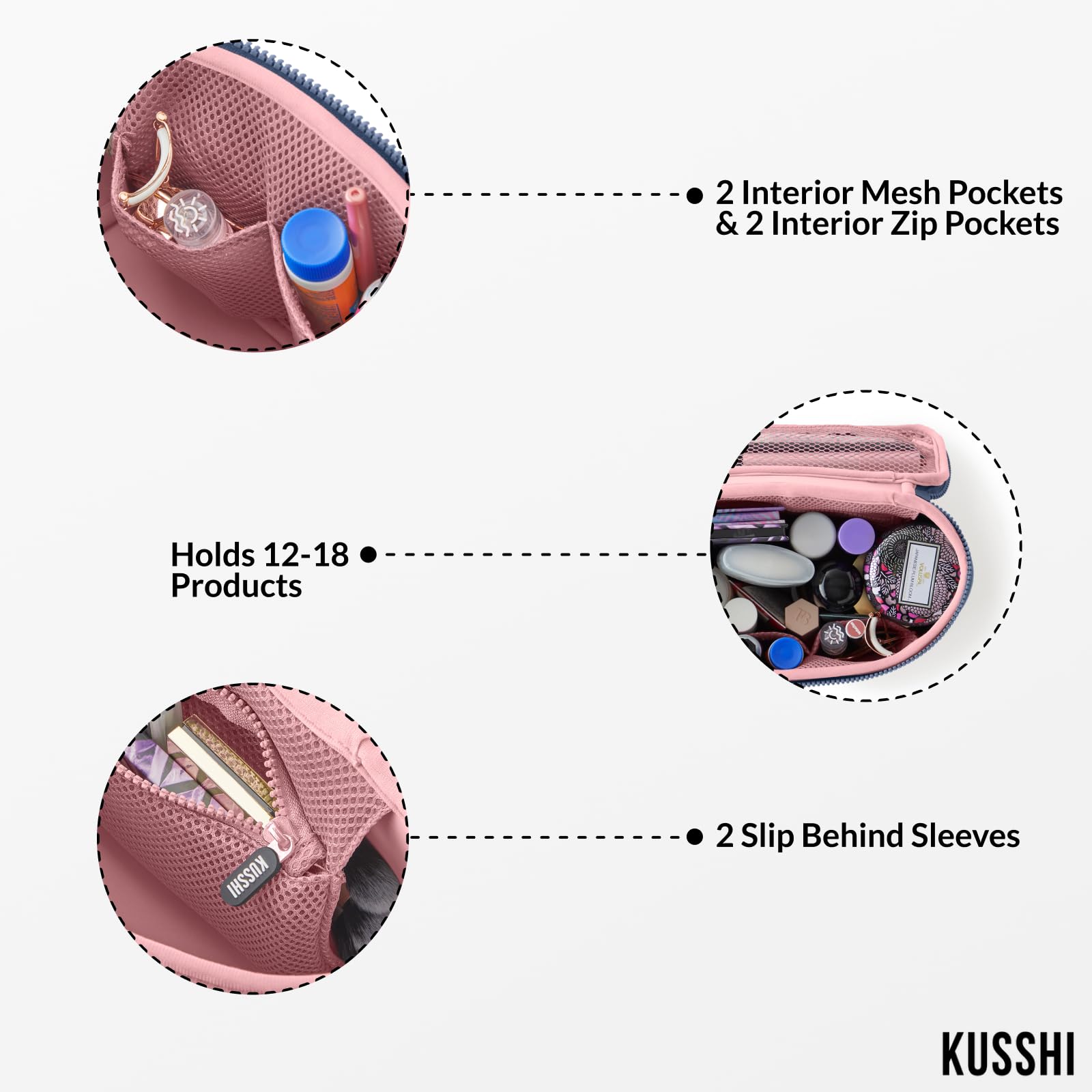 KUSSHI Neoprene Train Case Makeup Bag - Waterproof Washable Cosmetic Organizer for Travel, Vanity & Storage (Small, Pearl Blue/Sand Pink) - Perfect for Airplane Carry-on, Gym Essentials & Beauty Professionals