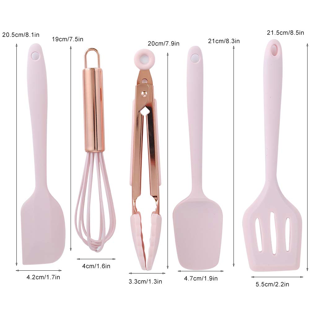5-Piece Silicone Kitchen Utensil Set - Mini Baking Scrapers & Egg Beater with Rose Gold Handles - Safe Non-Toxic Children's Baking Tools for Cake Decorating, Cookie Dough, and DIY Dessert Making