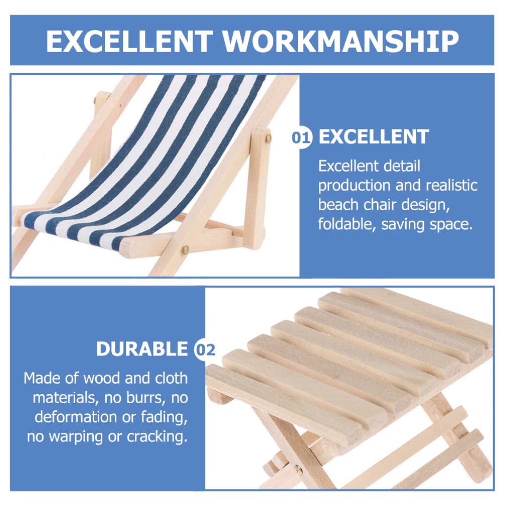 NUOBESTY 1:12 Scale Miniature Beach Chairs - Mini Wooden Lounge Chair, Foldable Deck Chair for Dollhouse Accessories (Blue) - Perfect for Dollhouse Decor, Miniature Scenes, and DIY Craft Projects