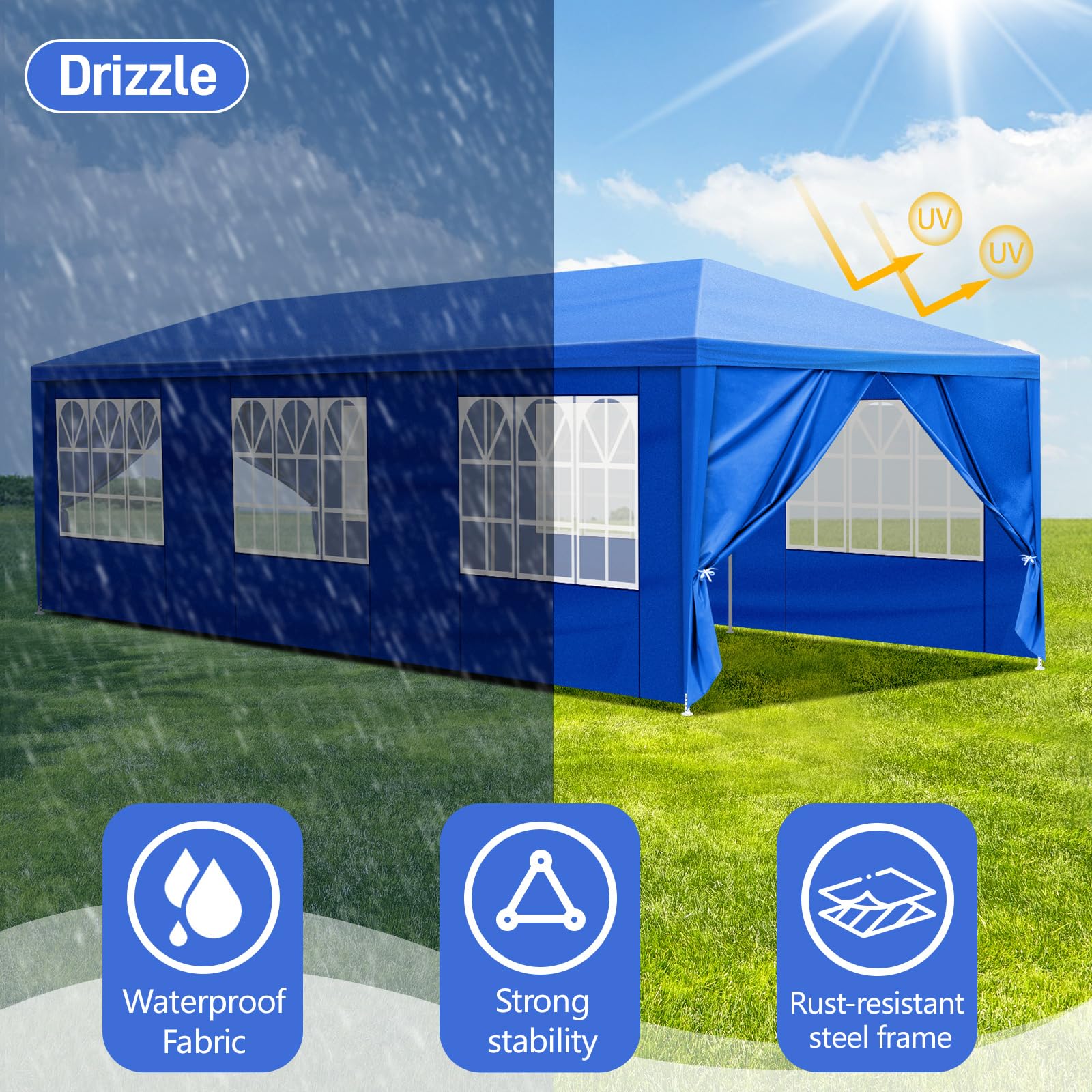 10x30 Blue Outdoor Party Tent with 8 Removable Sidewalls - Waterproof Gazebo Canopy for Weddings, Birthdays, BBQ, Camping & Garden Events - Perfect for Backyard, Patio & Outdoor Gatherings