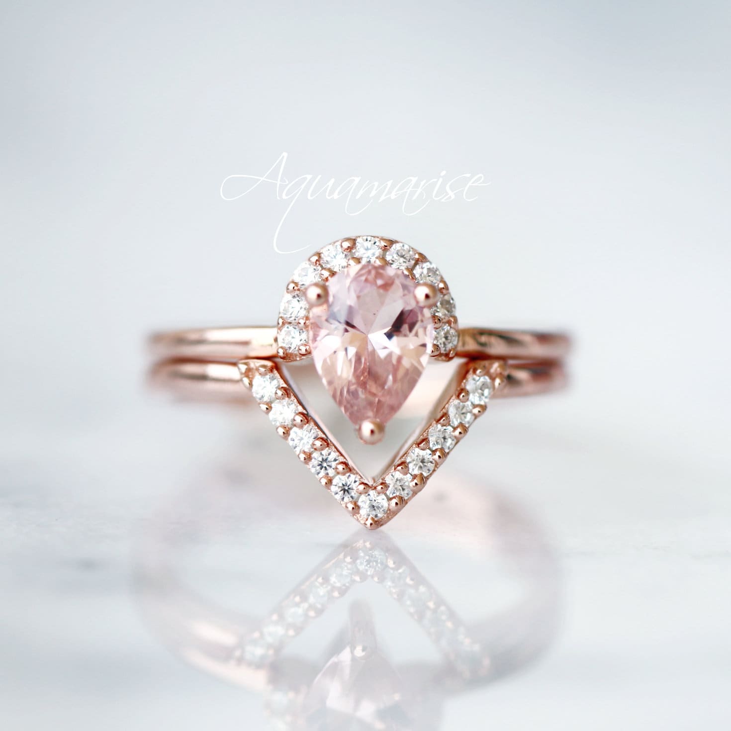 Aria Morganite Ring Set 14K Rose Gold Vermeil - Elegant Stackable Rings for Women, Perfect for Engagement, Wedding, Anniversary & Everyday Wear