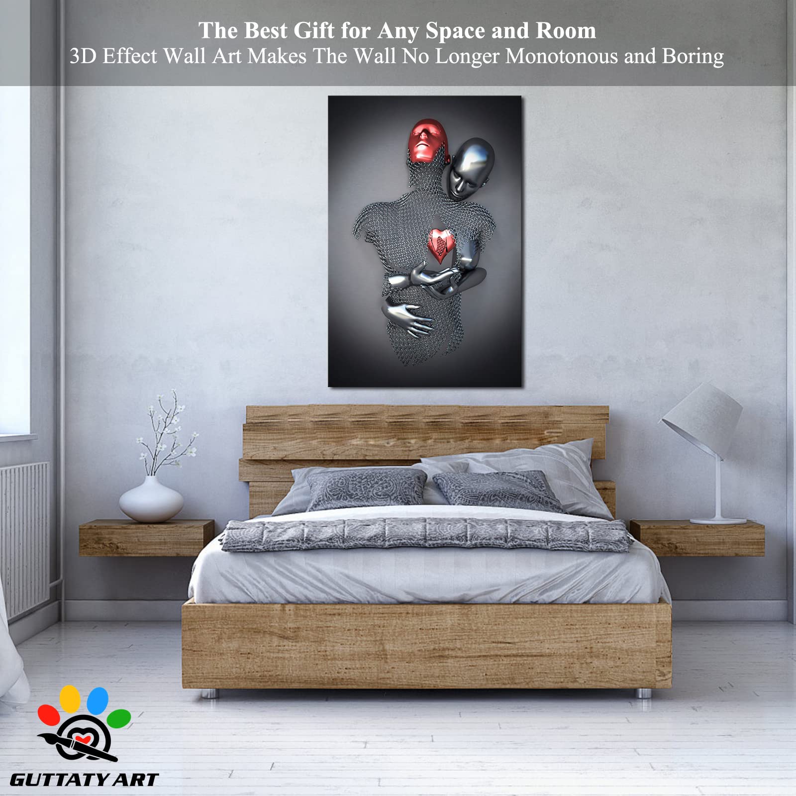 3D Metal Effect Love Heart Gray Canvas Wall Art - Romantic Couples Bedroom Decor, Modern Living Room Artwork, Valentine's Day Gift - 32x48 Inches - Perfect for Home, Office & Wedding Decorations