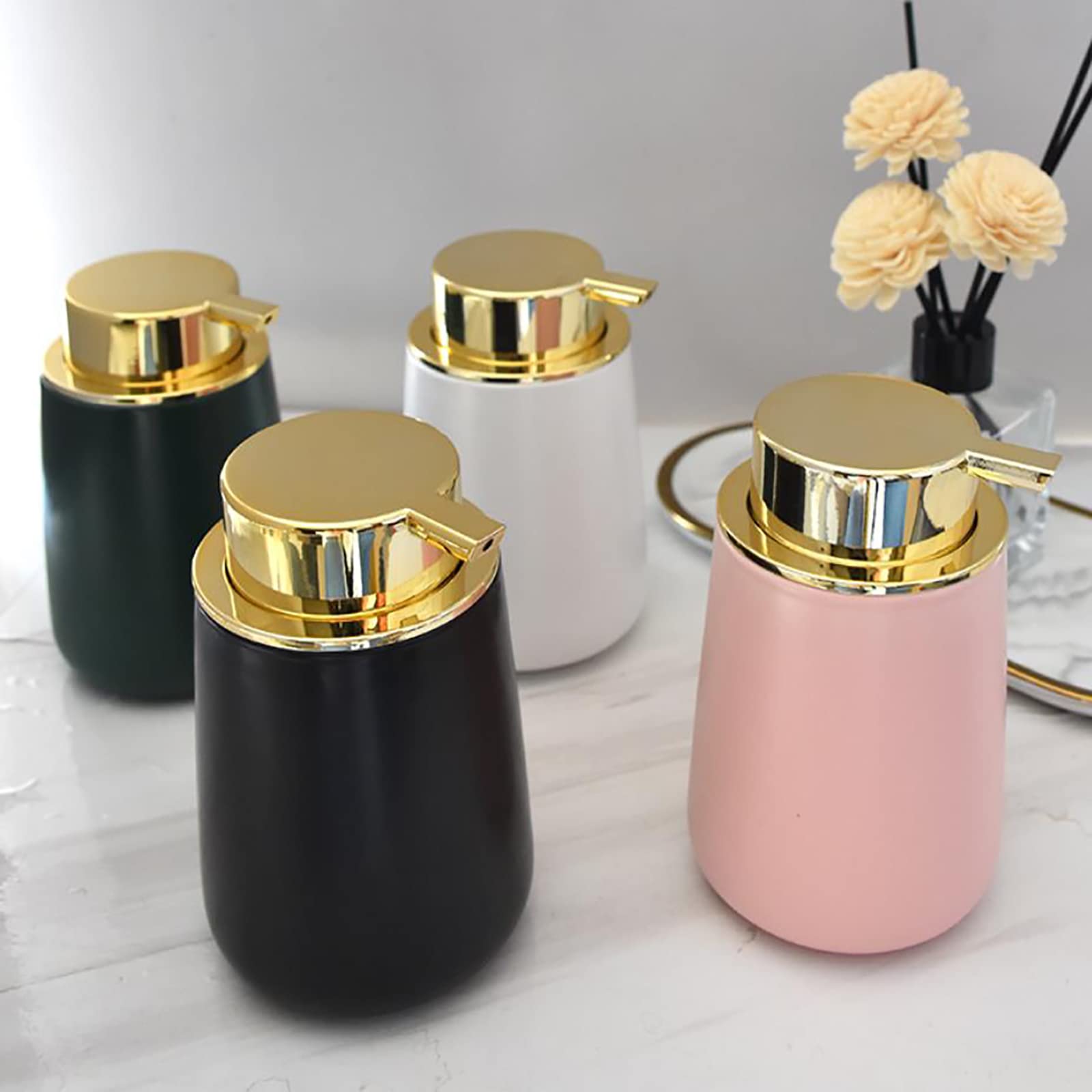 Premium Ceramic Hand Sanitizer Dispenser with Rust-Resistant Stainless Steel Pump - Refillable Soap Dispenser for Bathroom, Kitchen & Office - Elegant Pink Design for Home & Commercial Use