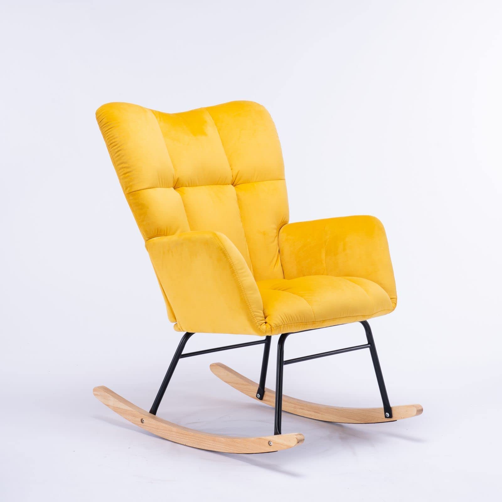 Mid Century Modern Nursery Rocking Chair - Velvet Upholstered Glider Rocker with Padded Seat & Tufted Back, Comfortable Accent Armchair for Living Room, Bedroom, Nursery (Yellow) - Perfect for Nursing, Reading & Relaxing