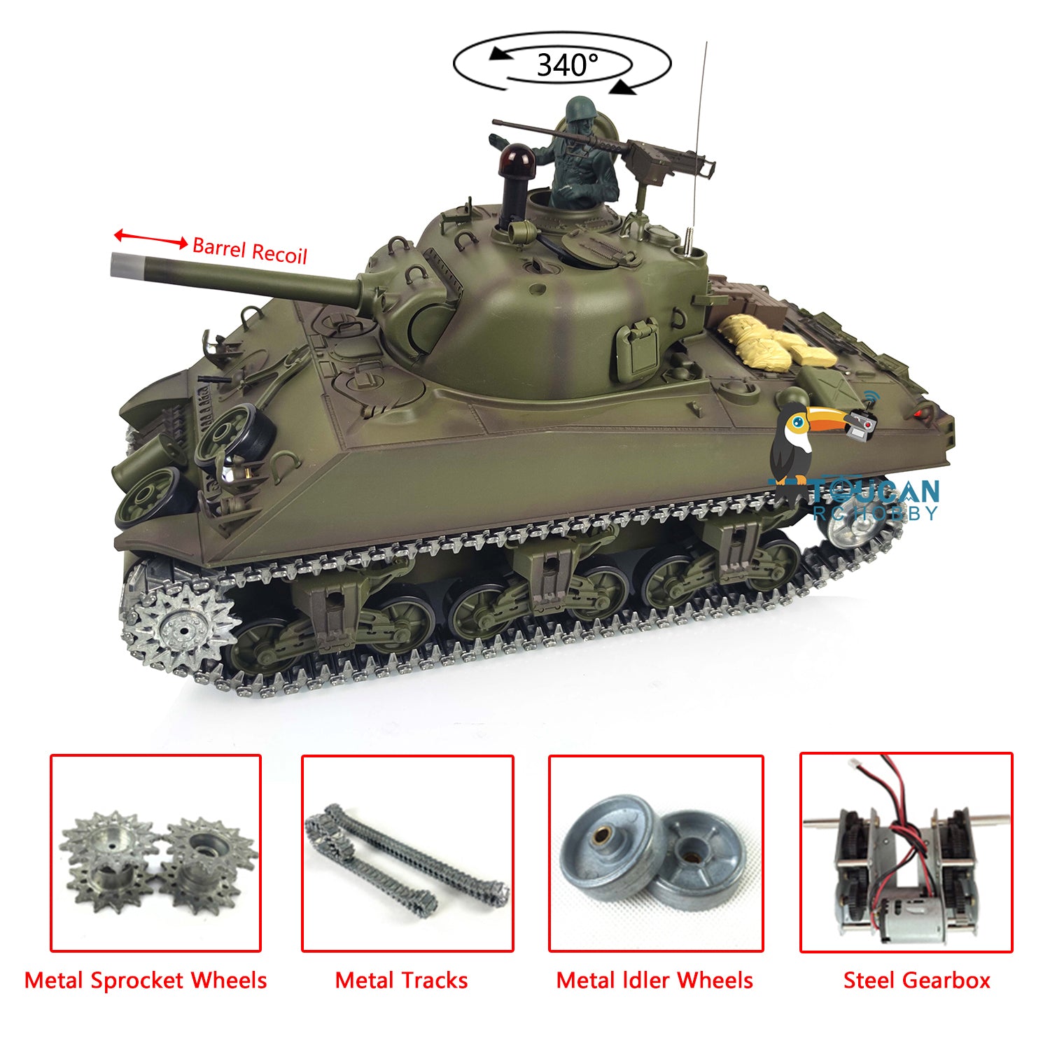 1/16 Henglong Upgraded M4A3 Sherman RC Tank - 7.0 Version with Metal Tracks, Barrel Recoil, Idler Wheels & Smoking Gearbox | Realistic Remote Control Military Vehicle for Collectors & Battle Reenactments
