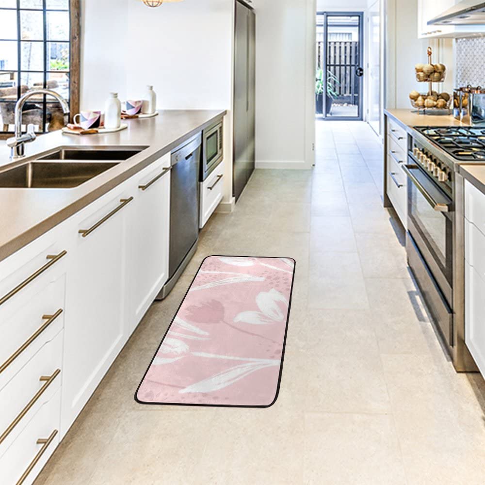 Non-Slip Soft Plush Memory Foam Kitchen Rug - Abstract Floral Tulips Pink Bathroom Mat, Extra-Thick Machine Washable Floor Rug (39x20 Inch) - Perfect for Kitchen, Bathroom, Laundry Room & Entryway Decor
