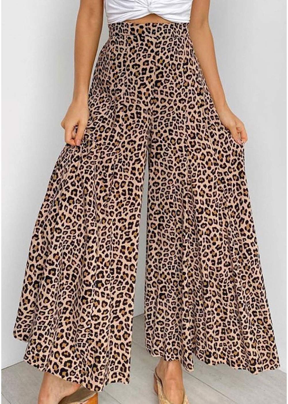 ebossy Women's Leopard Print High Waisted Wide Leg Palazzo Pants - Flowy Loose Fit Casual & Office Pants for Women | Perfect for Work, Travel and Everyday Wear