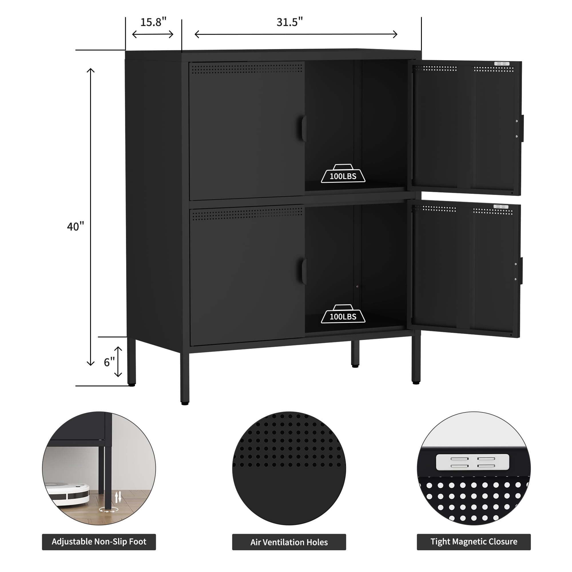 3-Tier Heavy Duty Metal Storage Cabinet - 120LBS Capacity, 4-Door Locker with Adjustable Shelves for Home, Office, Garage & Gym Organization (Black) | Perfect for Storing Tools, Sports Equipment & Office Supplies