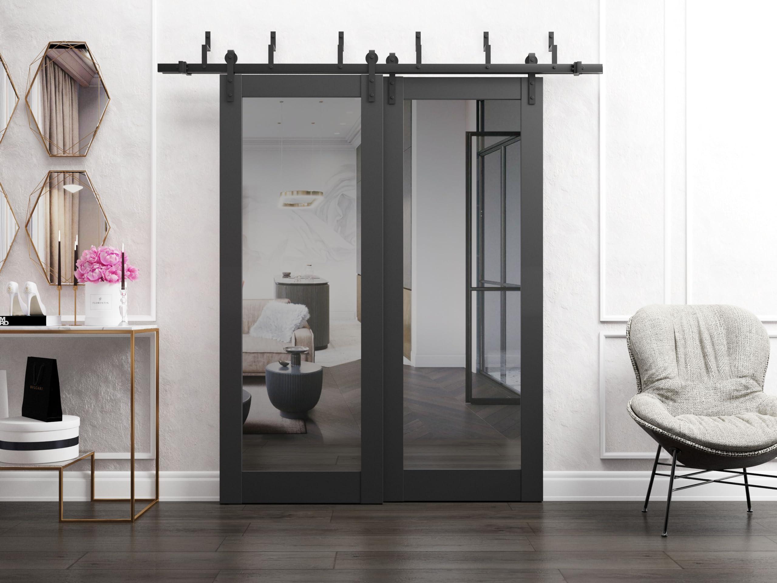 SARTODOORS - 36 x 80 Inch Matte Black Slab Barn Door with Mirror | Lucia 1299 Solid Wood Interior Sliding Door | Heavy Duty Closet & Room Divider | Perfect for Bedroom, Walk-in Closet & Home Office