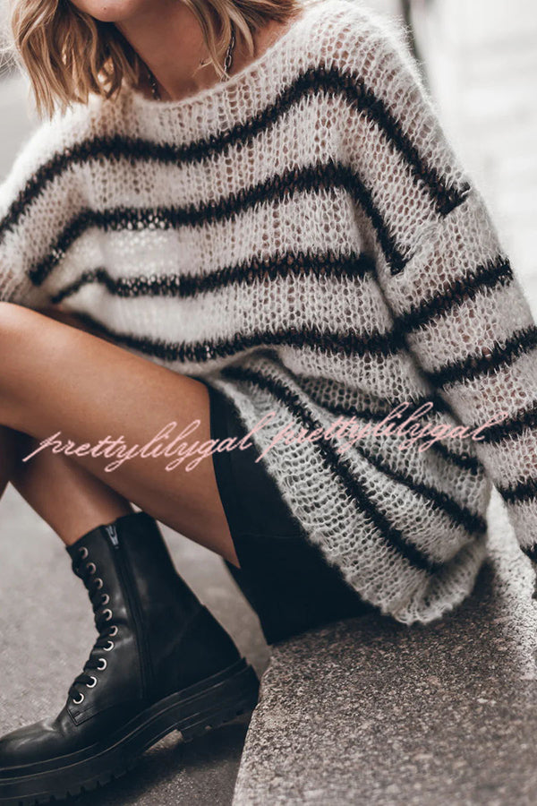 Cozy Striped Knit Sweater for Women - Soft Fluffy Winter Pullover - Casual Loose Fit Long Sleeve Top for Fall & Winter | Perfect for Office, Date Night & Weekend Outings