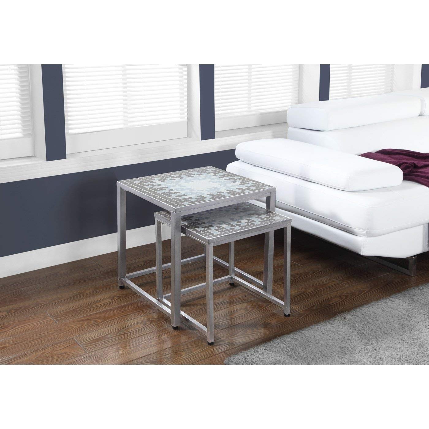 Monarch Specialties 3141 Nesting Table Set of 2 - Modern Side End Accent Tables for Living Room & Bedroom - Metal Tile Top in Blue & Grey - 20