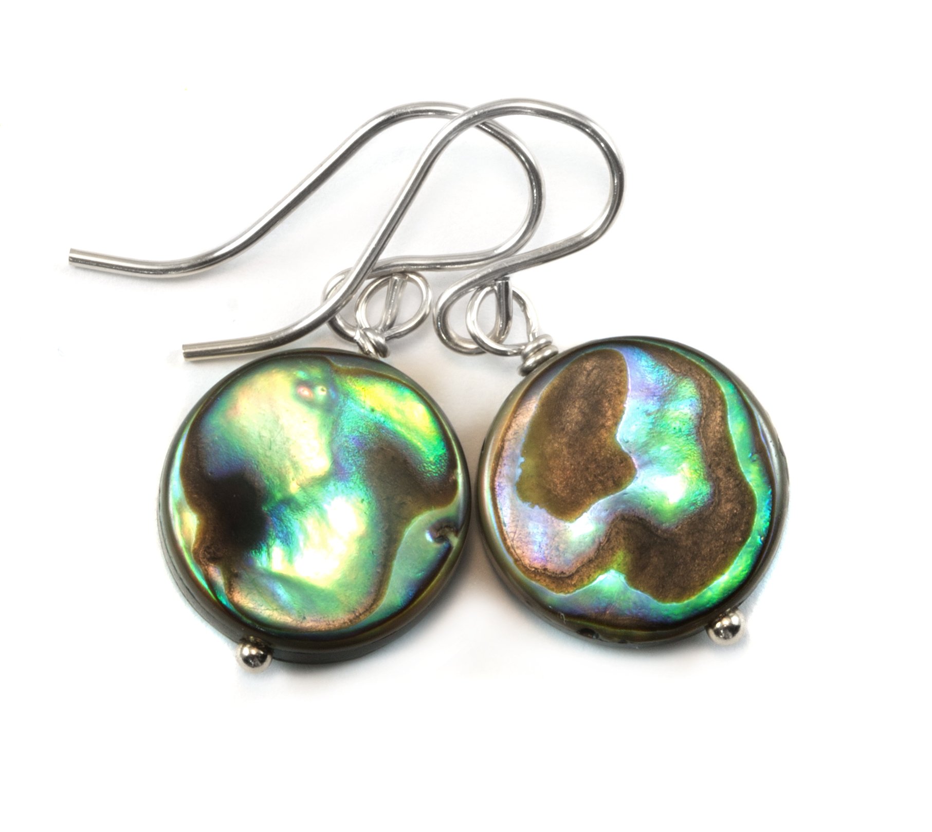 Mother of Pearl Earrings - Abalone Paua Round Small MOP Peacock Blue Dangle Earrings for Women | Everyday Simple Jewelry Gift for Her | Perfect for Casual Wear, Office & Special Occasions