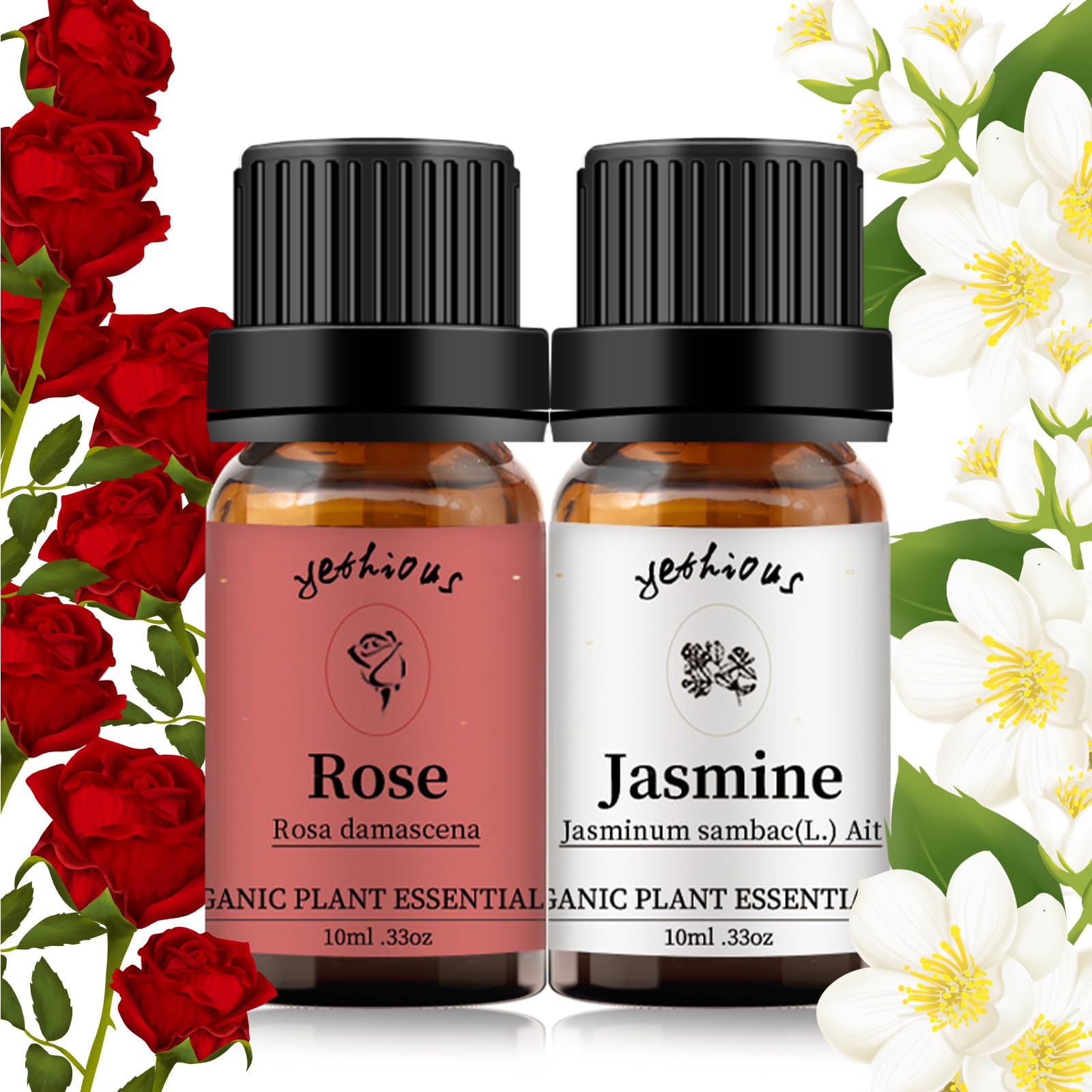 Yethious Organic Rose & Jasmine Essential Oil Set - 2 x 10ml for Aromatherapy, Diffuser, Skincare, Hair Care, Perfume & Candle Making | Pure Fragrance Oil for Relaxation, Spa & Home Scenting