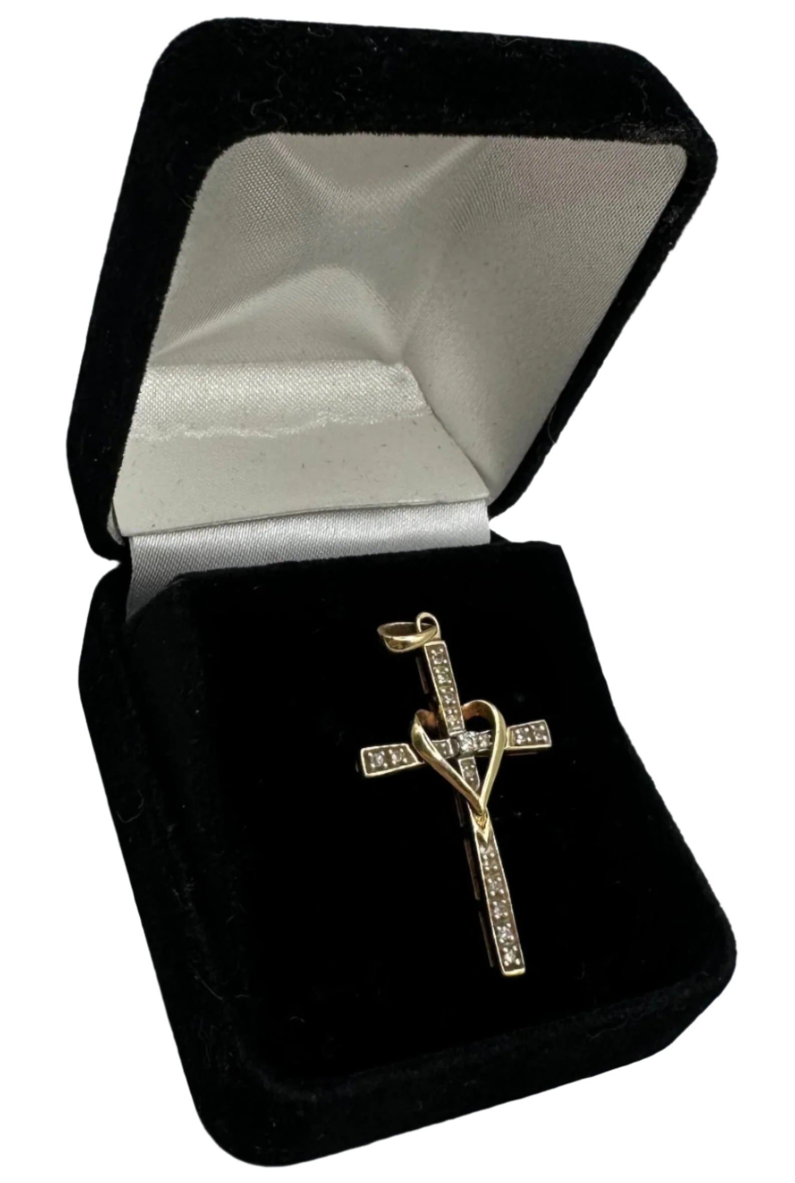 Vintage 10K Yellow Gold Cross & Heart Pendant Necklace with Diamond Accents - 2.02g Elegant Religious Jewelry for Women - Perfect for Baptism, Confirmation & Special Occasions