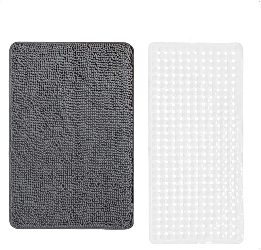 Gorilla Grip Chenille Bath Rug & Tub Mat Set - 48x24 Inch Gray Bath Rug + 35x16 Inch Clear Tub Mat - Machine Washable - Perfect for Bathroom Safety & Comfort