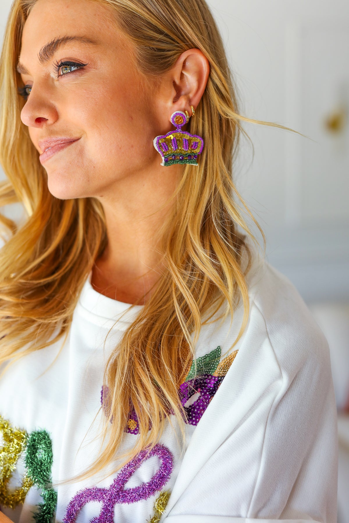 Sparkling Mardi Gras Sequin & Beaded Crown Dangle Earrings | Festival Jewelry for Women | Perfect for Carnival, Costume Parties & New Orleans Celebrations
