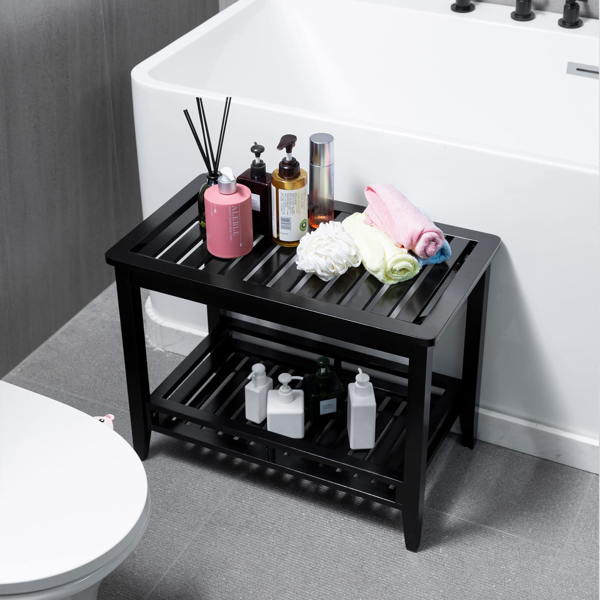 Premium Bamboo Shower Bench with Storage Shelf - Non-Slip Bath Stool Seat for Elderly & Shaving - Waterproof Shower Chair for Bathroom Safety & Spa Relaxation - Perfect for Small Spaces & Handicap Accessibility (Black)