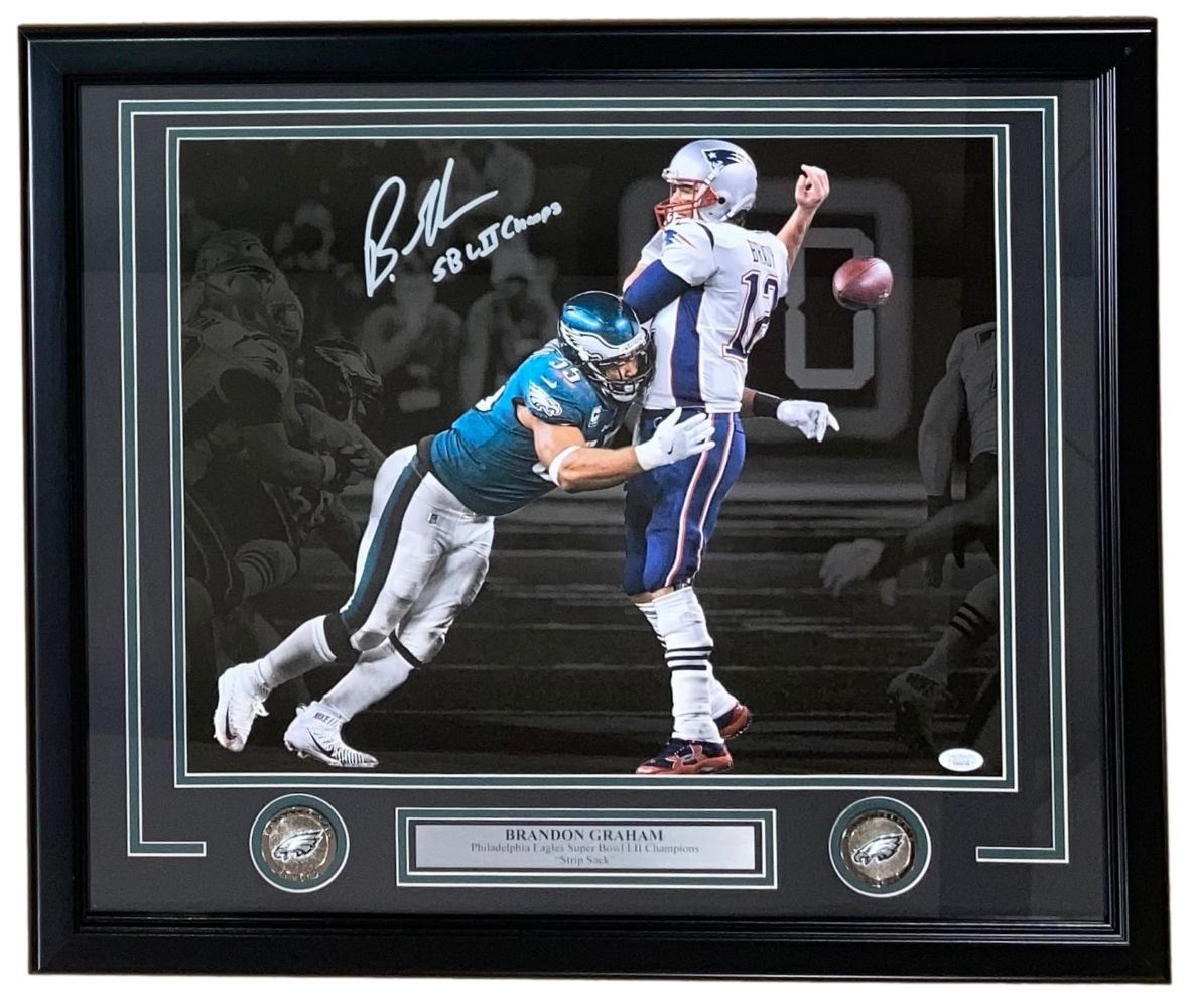 Brandon Graham Autographed Framed 16x20 Philadelphia Eagles Super Bowl LII Strip Sack Photo with JSA Certification - Perfect for Eagles Fans, Sports Memorabilia Collectors, and Man Cave Decor