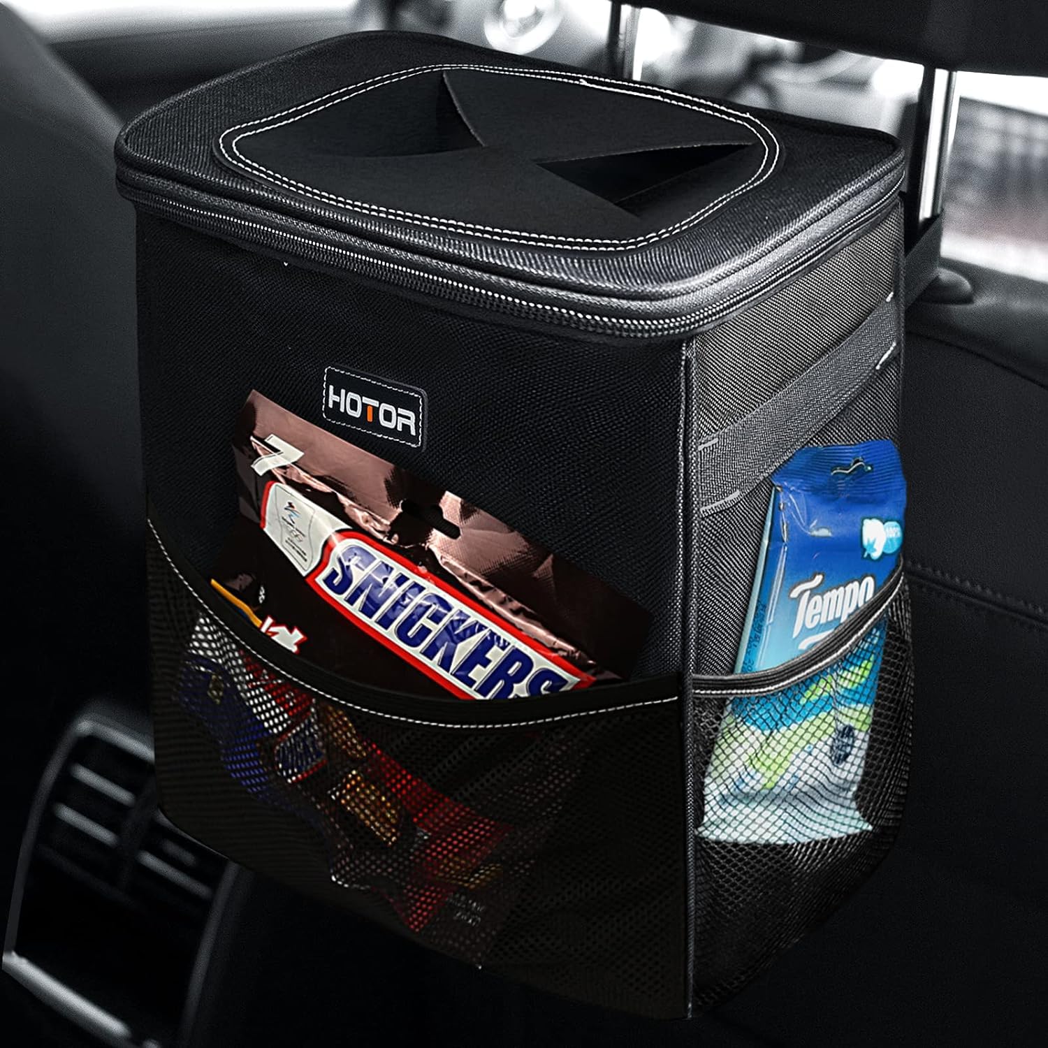 HOTOR 3 Gallon Car Trash Can - Large Capacity Waterproof Vehicle Organizer with Adjustable Straps & Magnetic Snaps - Perfect for Road Trips, Camping & Daily Commute - Black