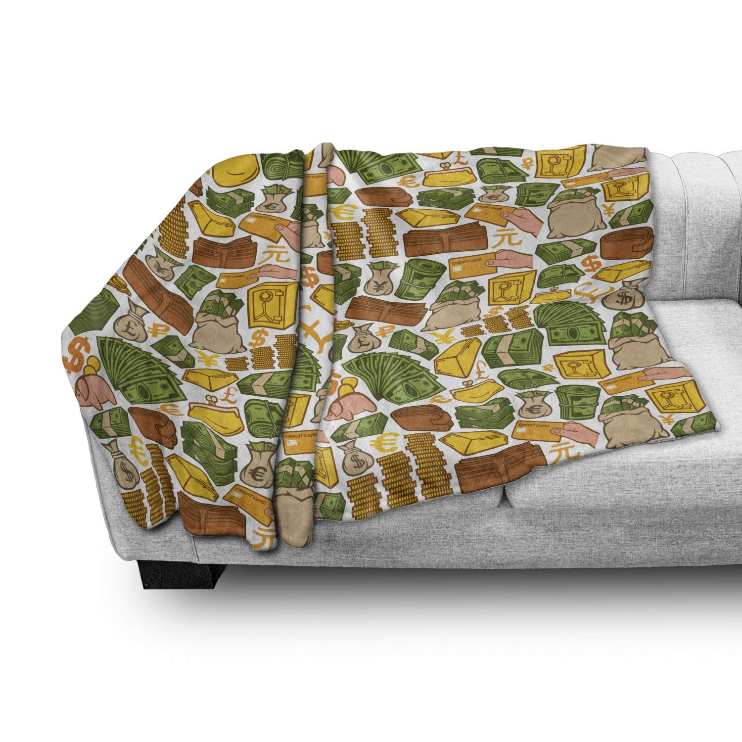 Ambesonne Money Print Fleece Throw Blanket - Colorful Dollar, Pound & Credit Card Design - Soft Flannel Couch Cover for Adults (60