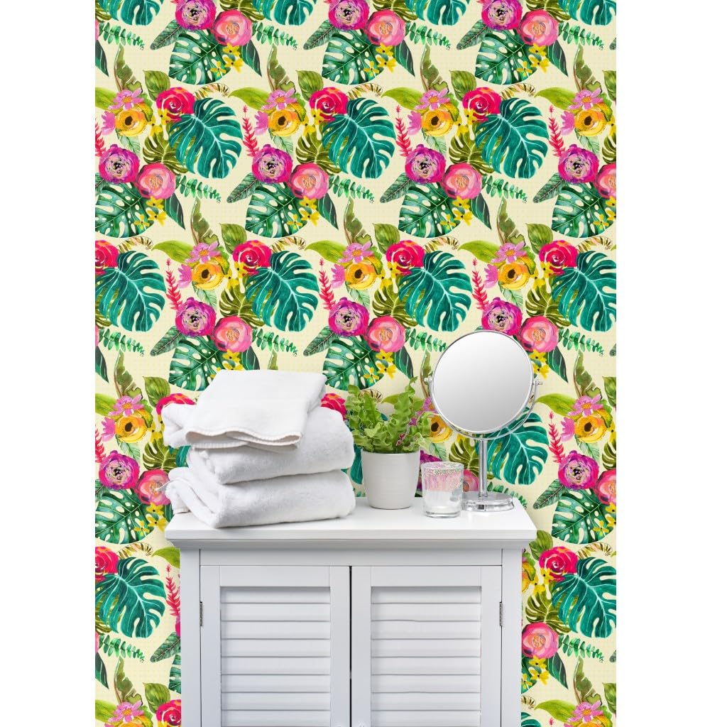 Commercial Grade Wallpaper 27ft x 2ft - Boho Tropical Floral Bohemian Paradise Traditional Peel and Stick Wallpaper by Spoonflower | Perfect for Bedroom, Living Room, Office & Home Decor