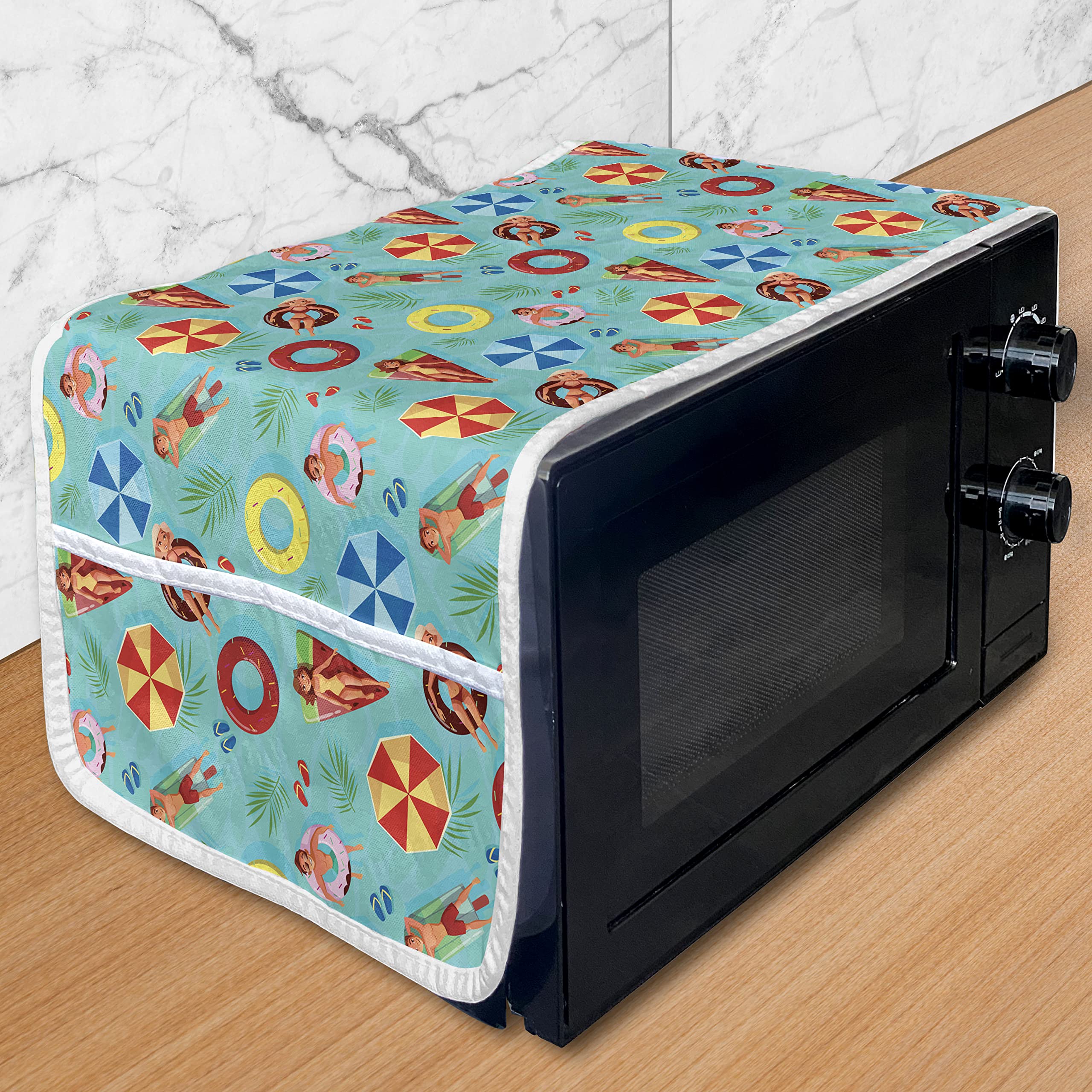 Ambesonne Waterproof Microwave Cover - Summer Pool Party Design with Happy Swim Float Doodles, 36