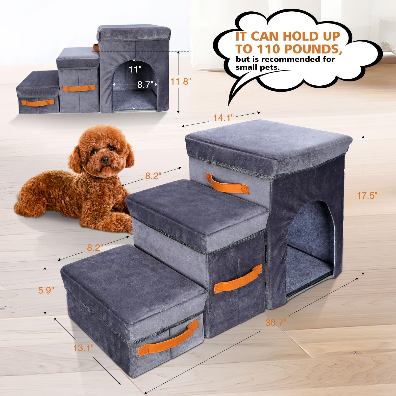 Topmart 3-Step Foldable Dog Stairs for Small & Senior Pets - Lightweight Pet Ramp with Storage Boxes & Dog Condo - Perfect for Beds, Couches & Cars - Helps Injured, Elderly & Short-Legged Dogs Climb Safely