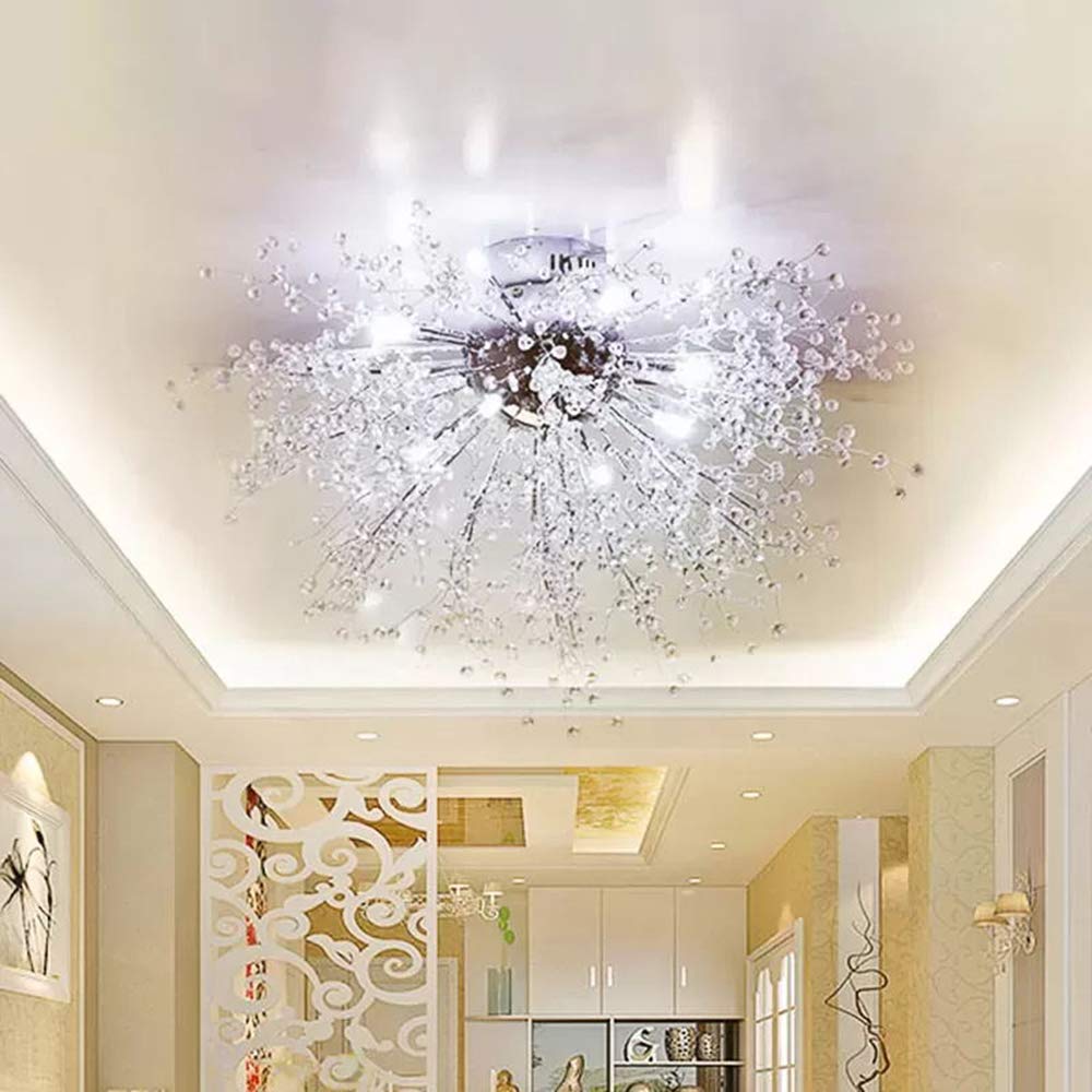 Modern Firework Shape Silver Sputnik Chandelier - 8-Light LED Ceiling Fixture with Handmade Crystal Beads, 23.5 Inch Luxury Pendant Lamp for Living Room, Dining Room, and Bedroom Lighting