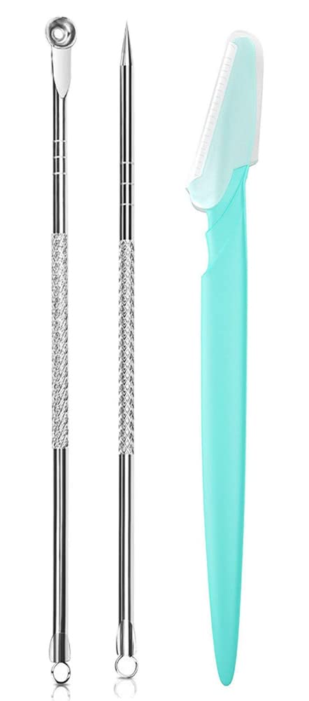 2-in-1 Blackhead Remover & Pimple Extractor Kit - Stainless Steel Acne Removal Tools for Face & Whitehead - Includes Eyebrow Razor - Perfect for Home Skincare & Facial Treatment