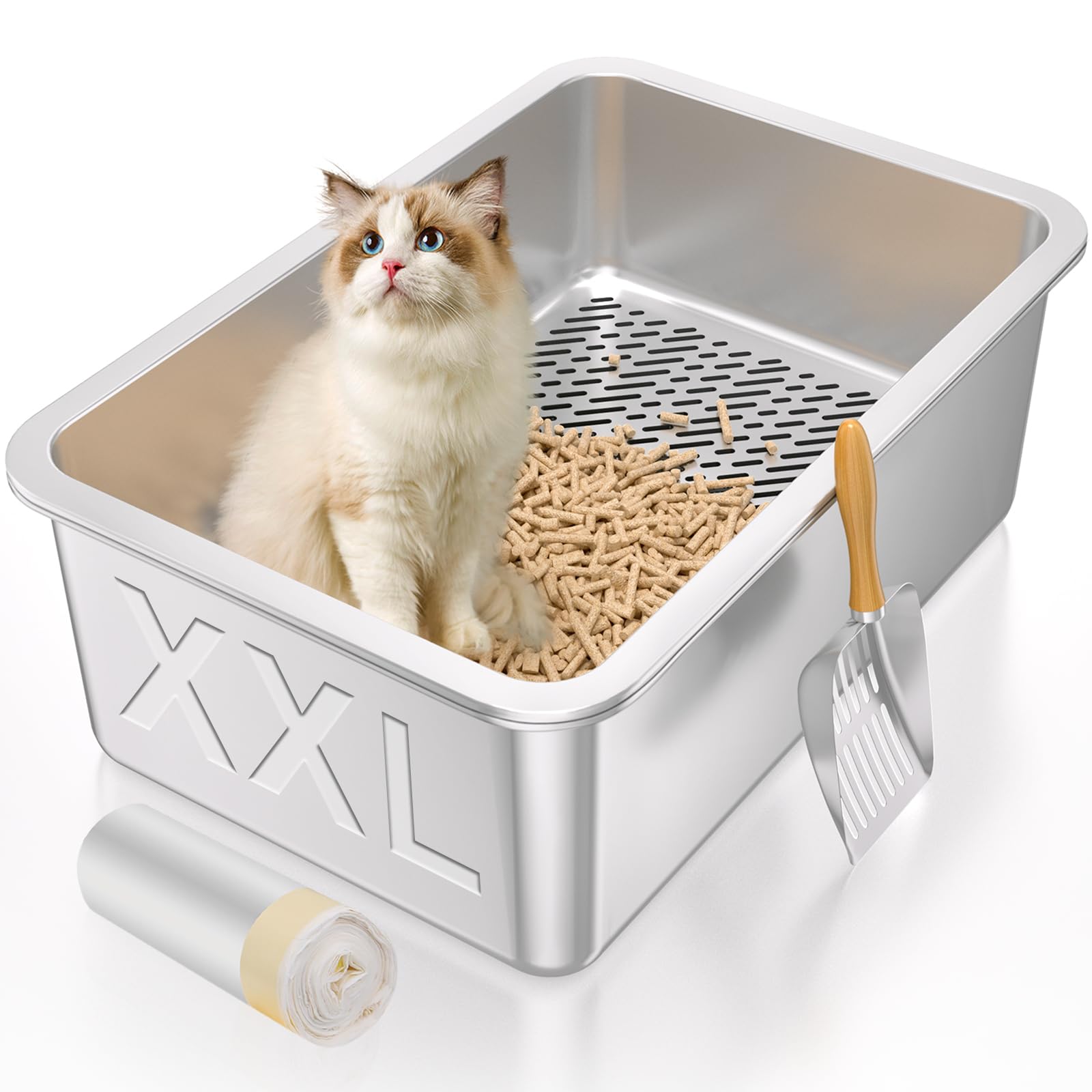 XXL Stainless Steel Sifting Litter Box for Large Cats - Metal Sifter Pan for Wood & Pine Pellet Litter - Extra Large Odor Control Cat Litter System with Scoop & Liners - Easy Clean Design for Multi-Cat Homes & Heavy Duty Use
