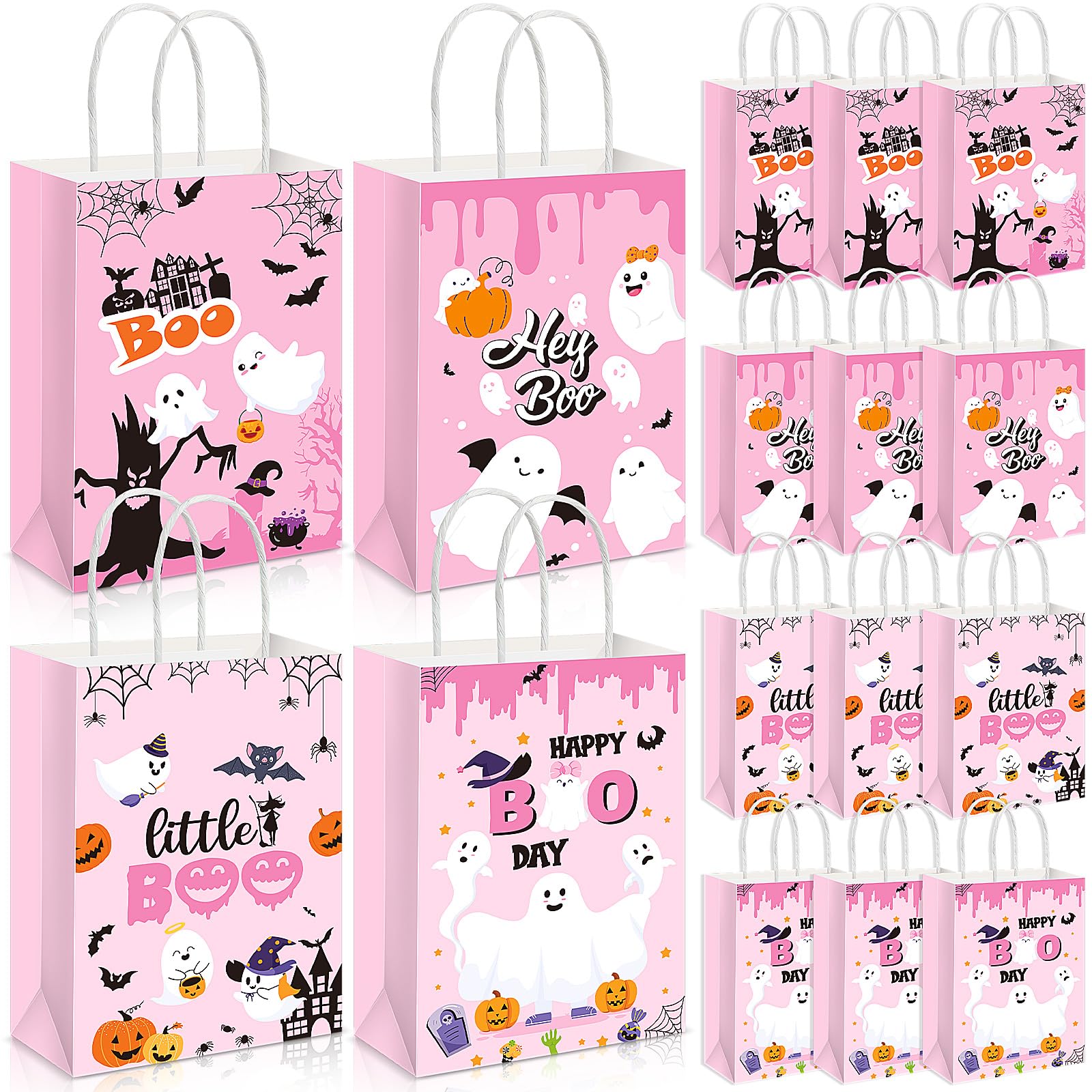 Kolldenn 12-Piece Pink Halloween Treat Bags with Handles - Little Boo Gift Bags for Halloween Candy & Party Favors | Perfect for Trick-or-Treat, Classroom Treats & Spooky Party Decorations