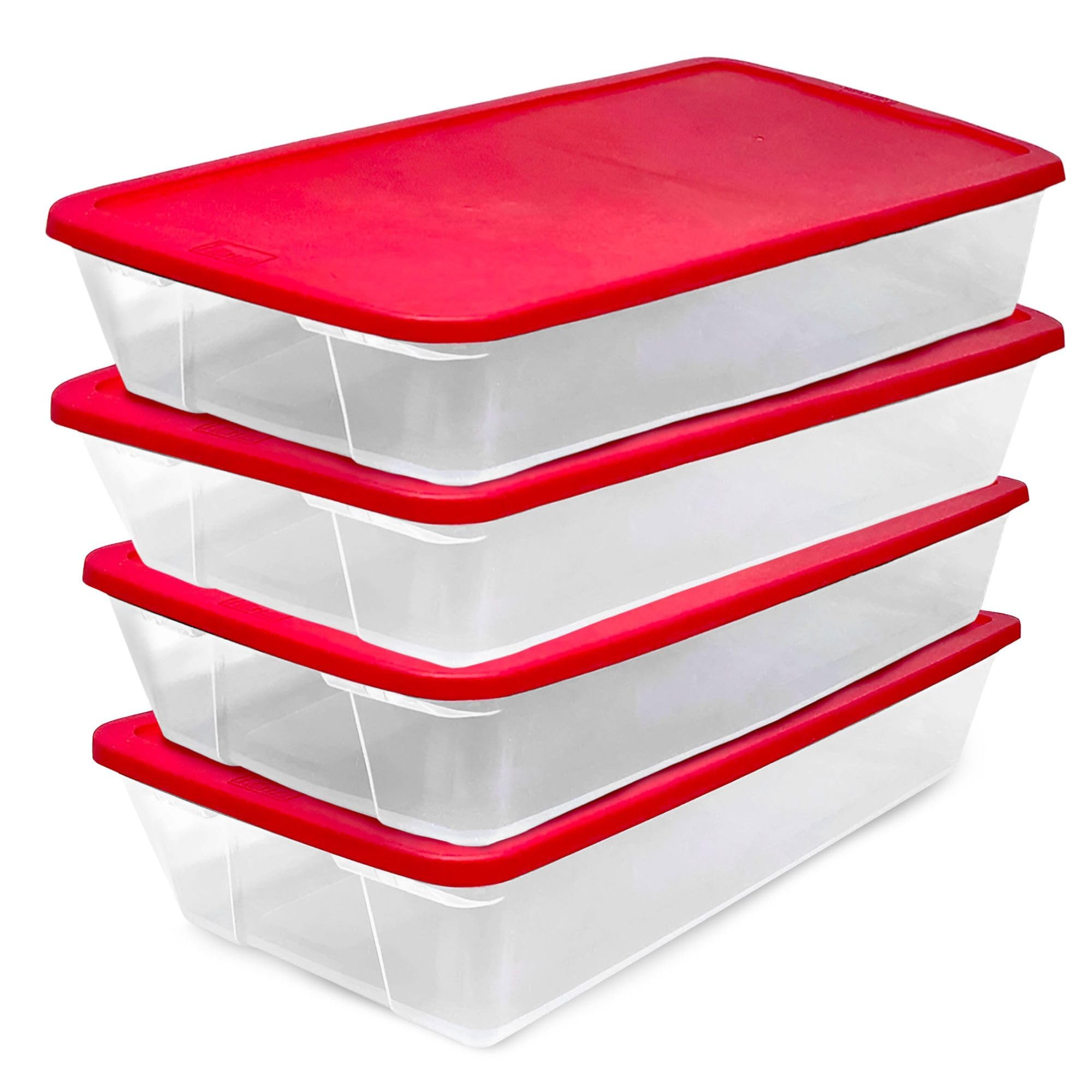 HOMZ 4-Pack 41 Quart Clear Plastic Storage Bins with Red Lids - Seasonal Holiday Organizer for Decorations, Clothes & Home Organization - Perfect for Christmas, Halloween & Attic Storage