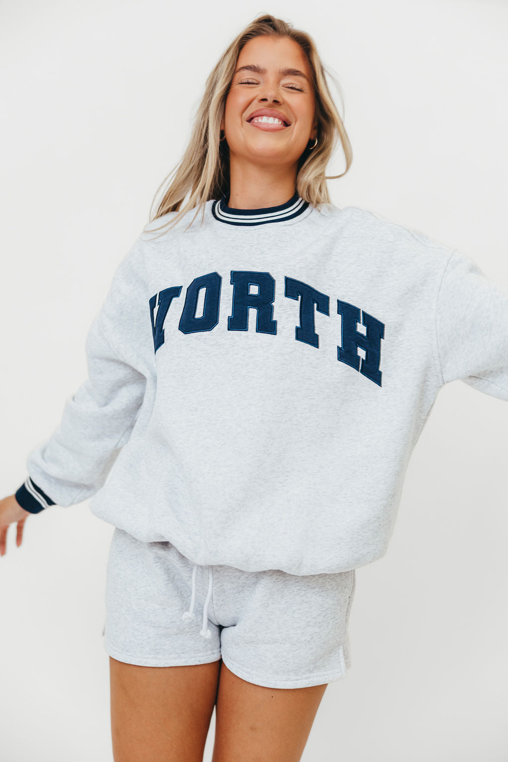 WORTH Preppy Embroidered Crewneck Sweatshirt for Women - Pearl Grey | Casual Pullover for College, Streetwear & Fall Fashion