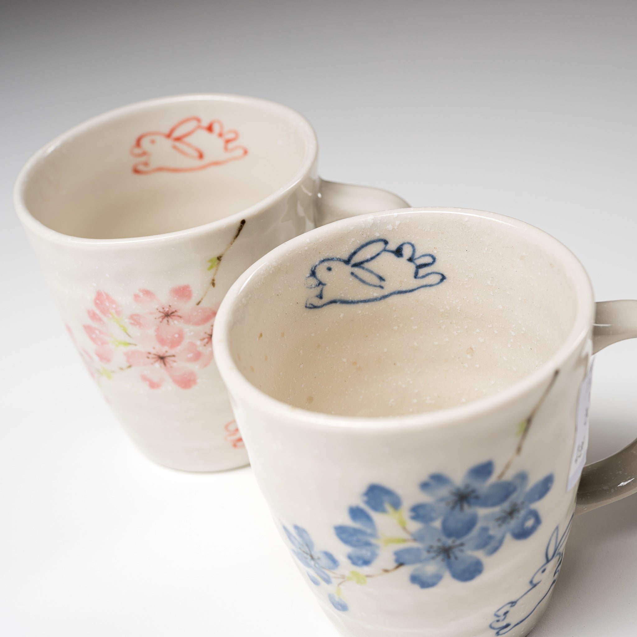 Rabbit and Sakura Pair Mug Cup Set of 2 - Ceramic Coffee Mugs with Cute Animal Design for Tea, Hot Drinks - Perfect for Couples, Valentine's Day Gifts & Japanese Tea Ceremony